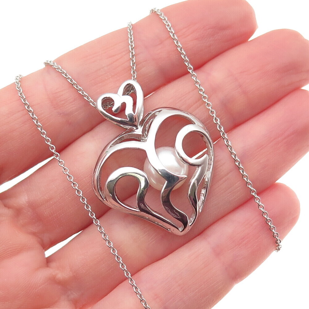 925 Sterling Silver Real Pearl Ornate Heart Cable Chain Necklace 18"